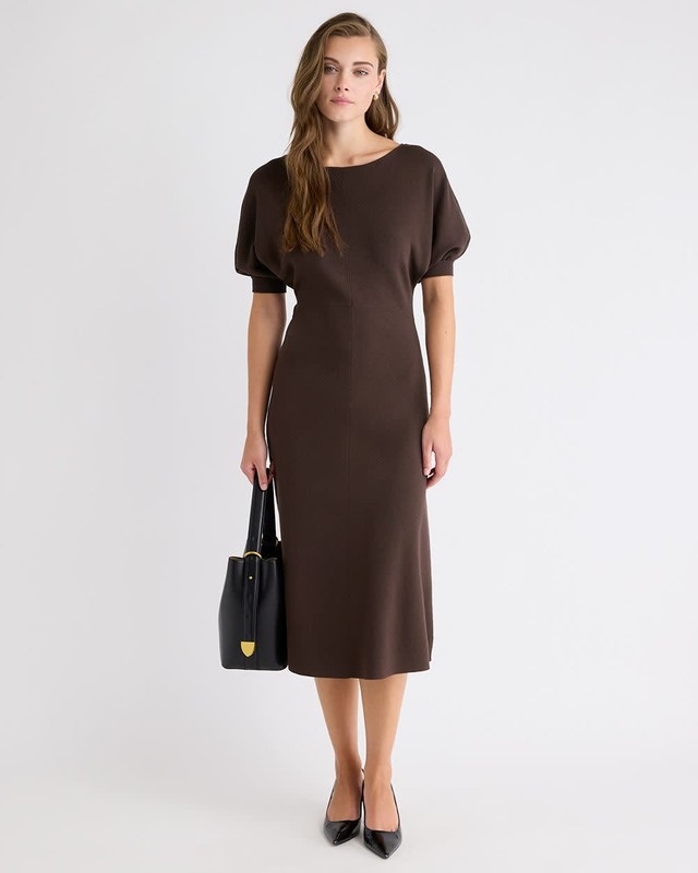 Elbow-Sleeve Boat-Neck Midi Dress