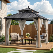 SUNJOY Kingston 10x10 Gazebo with Netting & Curtain | Steel Roof with Extra-Tall & Oversized Vent Top - Woodgrain Aluminum Posts
