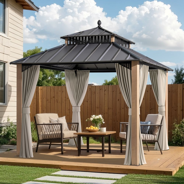 SUNJOY Kingston 10x10 Gazebo with Netting & Curtain | Steel Roof with Extra-Tall & Oversized Vent Top - Woodgrain Aluminum Posts