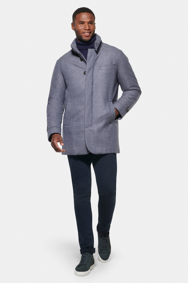 Hooded Cashmere Wool Car Coat, Grey Blue Herringbone