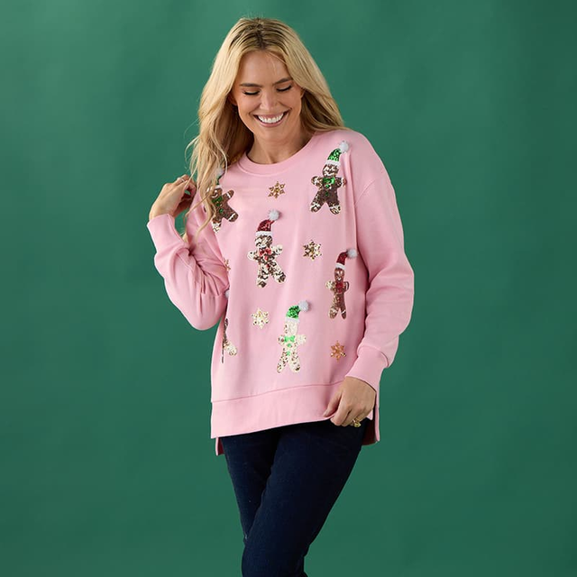 Sequin Gingerbread Man Pink Pullover