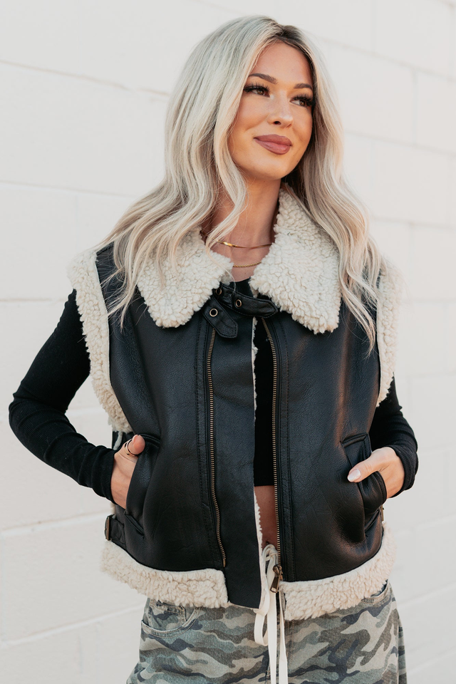 Pure Chill Sherpa Trim Faux Leather Vest (Black)