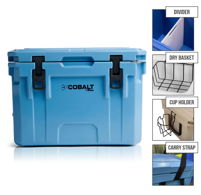 25 Quart Cobalt Cooler + Dry Basket + Divider + Cup Holder + Carry Strap - Promo