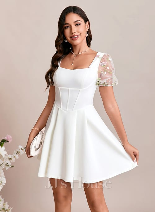 A-line Square Short Jersey Wedding Dress With Embroidered (002427004)