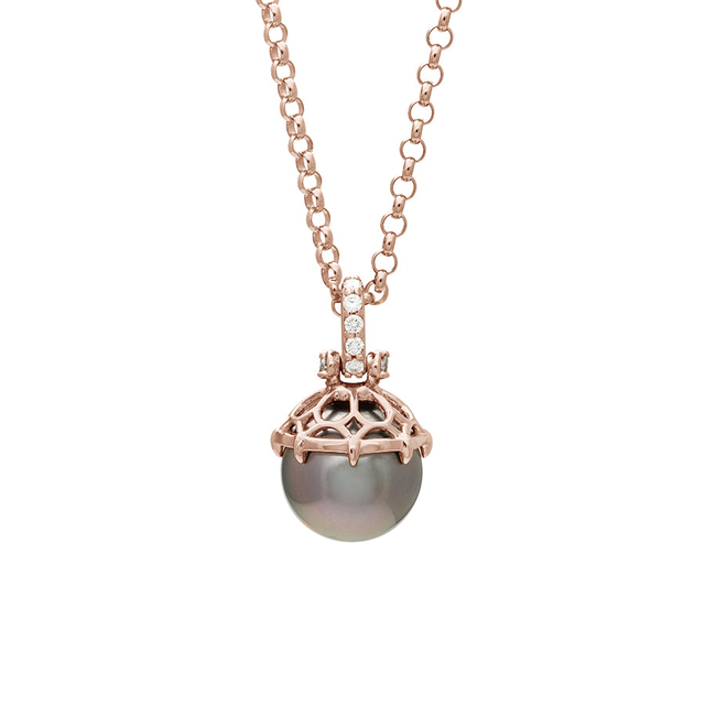 Emma Lace Cap Pearl Pendant - 14k Rose Gold, Pearl (10.5mm), Grey & White Diamond