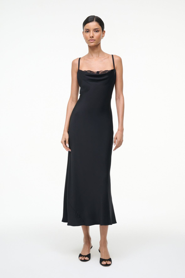 EVANGELINE SILK MIDI DRESS | BLACK