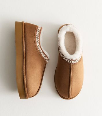 Tan Faux Suede Cross Stitched Faux Fur Lined Slipper Boots