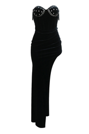 Black Velvet Rhinestone Strapless Boned Corset High Slit Sexy Maxi Party Dress