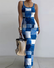 Denim Look Print U-Neck Maxi Skims Dress