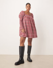 ASOS DESIGN Curve square neck mixed shirred babydoll mini dress in plaid