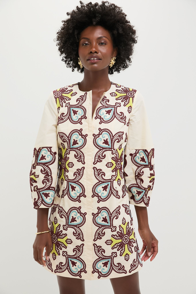Citron and Slate Blue Embroidered Long Sleeve Rhoda Tunic Dress