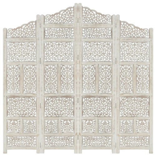 vidaXL Hand carved 4-Panel Room Divider White 160x165 cm Solid Mango Wood