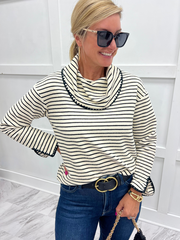 Line By Line Stripe Cowl Neck Top (Ivory)