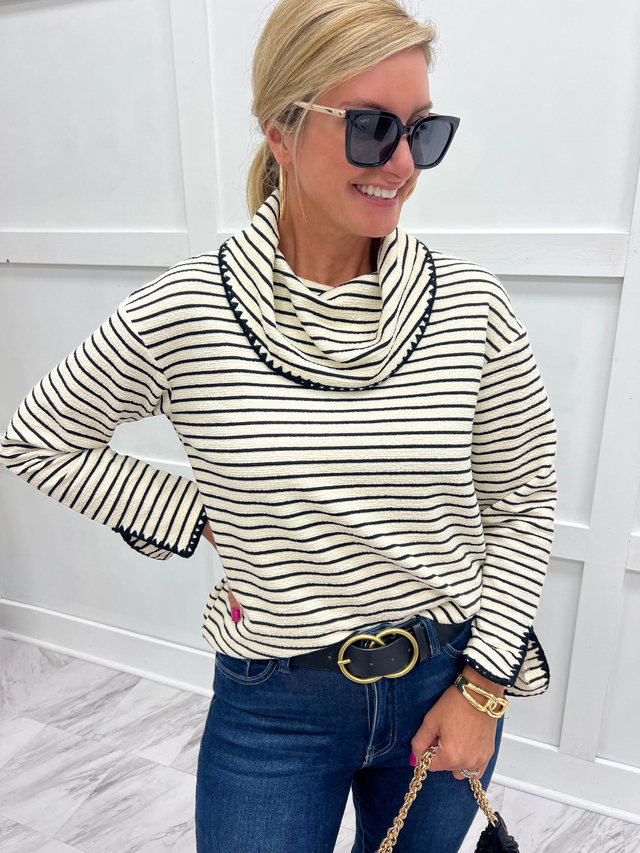 Line By Line Stripe Cowl Neck Top (Ivory)