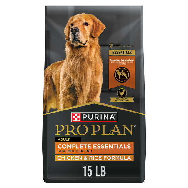 Purina Pro Plan Complete Essentials Shredded Blend Chicken and Rice Dry Dog Food Formula with Probiotics for Dogs, 15 lbs.