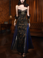 Gilt European Gothic Punk Black Golden Blue Contrast Colors Classical Slim Sexy Swing Halter Tube Top Dress