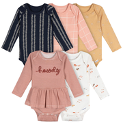 5-Pack Baby Girls Horses Long Sleeve Bodysuits