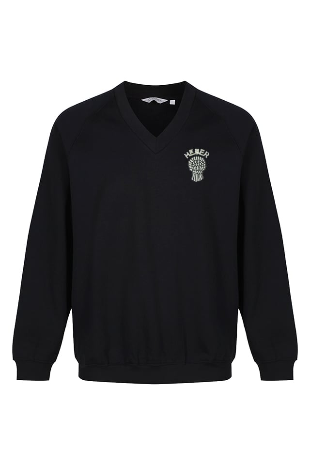 V-neck sweatshirt badged with Bishop Heber High School logo