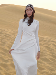 Long sleeved maxi dress with draping at the waist