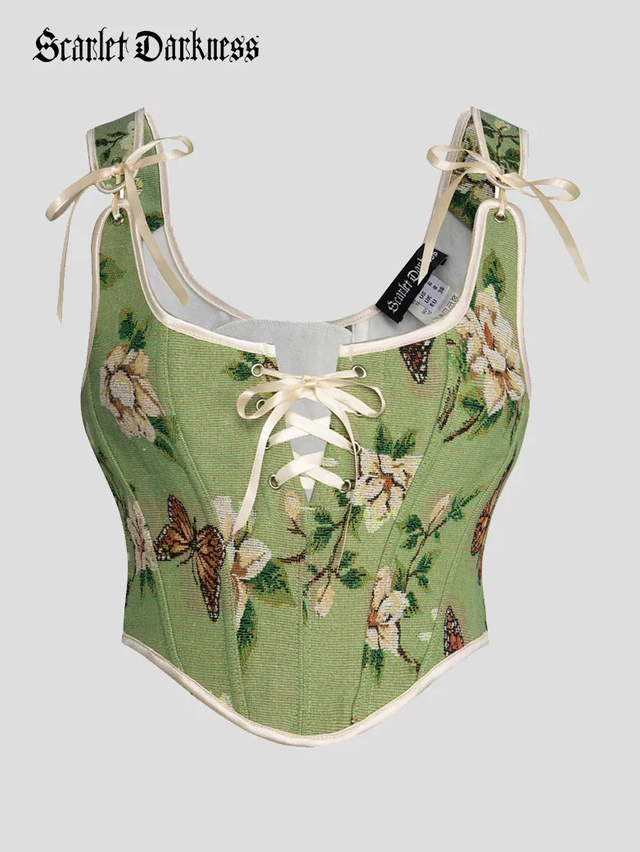 Women Floral Lace-up Front Vest U-Back 12 Bones Corset