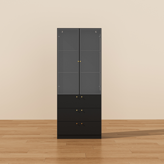 Glass Door Display Cabinet with LED Aluminum Frame Modern Black Storage Unit Pantry Bookshelves