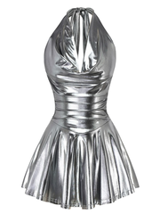 1970s Metallic V-Neck Pleated Mini Dress
