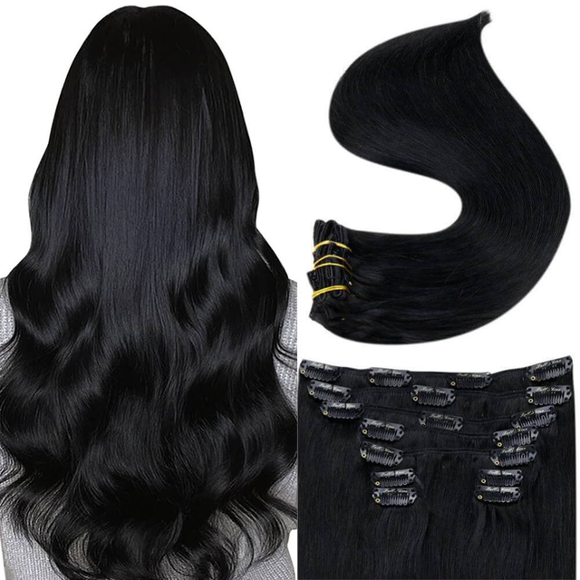 Full Shine Clip in Extensions 100% Remy Human Hair 7 Pieces Jet Black (#1)