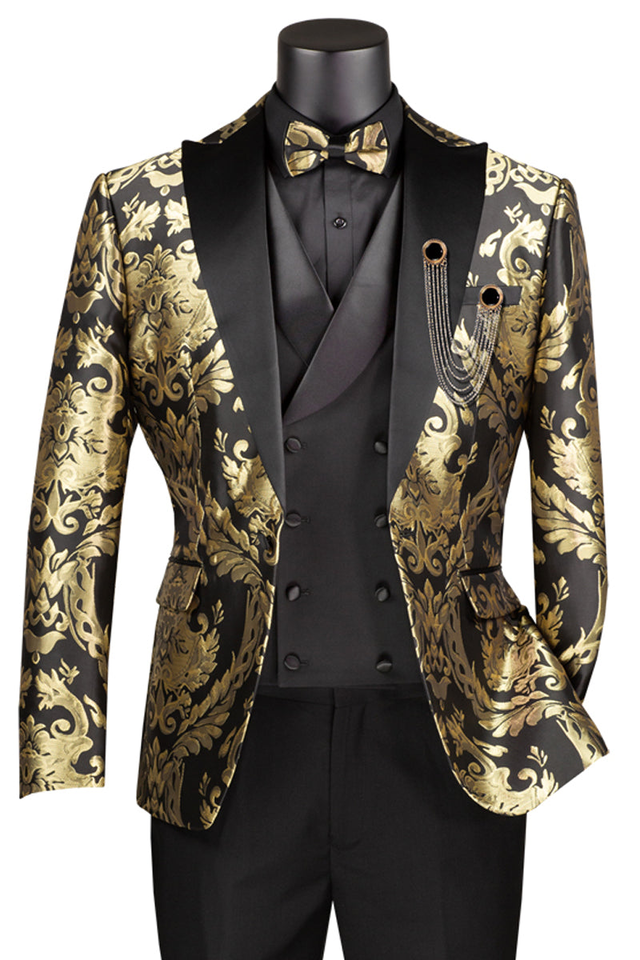 Men's Shiny Paisley Jacquard Vested Wedding & Prom Tuxedo in Black & Gold
