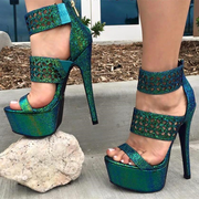 Green Iridescent Perforated Open Toe Platform Sandals for Women