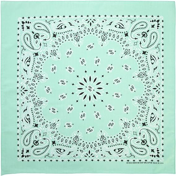1 piece, Western Paisley Bandana - Made in USA 100% Cotton, Mint Green, 22" x 22"