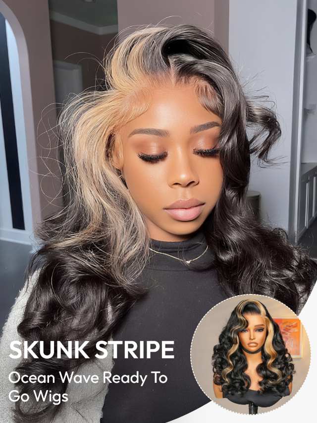 Skunk Stripe 250% Density Ocean Wave 13x4 Lace Front Ready To Go Glueless Wig