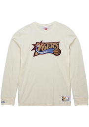 Mitchell and Ness Philadelphia 76ers White Heritage Slub Vintage Logo Long Sleeve Fashion T Shirt