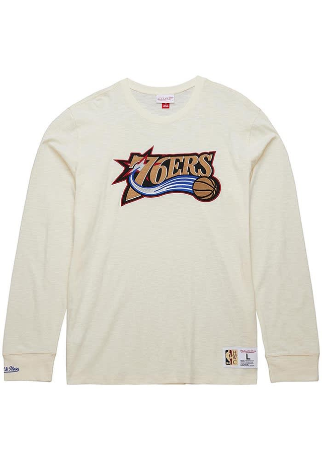 Mitchell and Ness Philadelphia 76ers White Heritage Slub Vintage Logo Long Sleeve Fashion T Shirt