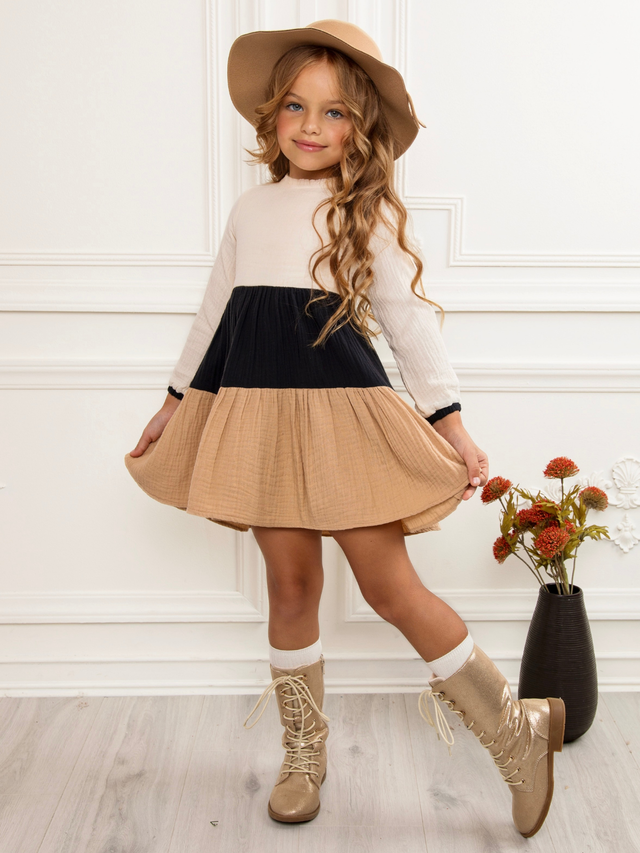 Neutral Colorblock Long Sleeve Tiered Premium Lined Dress