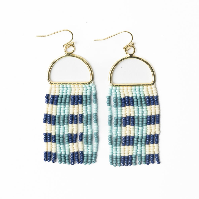 Allison Gingham Beaded Fringe Earrings Blue