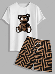 Men's Geometric Cross Bear Printed Short Sleeves T-shirt and Drawstring Beach Vacation Shorts Set