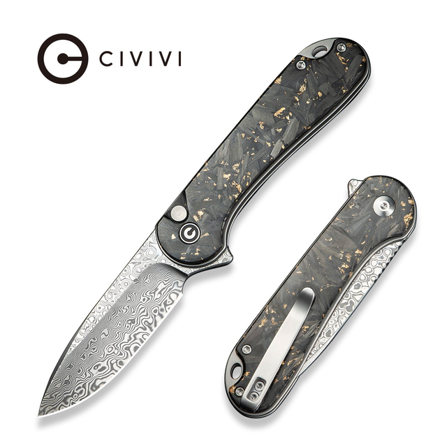 CIVIVI Button Lock Elementum II Flipper Knife Carbon Fiber & Resin Handle (2.96" Damascus Blade) C18062P-10