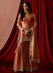 Copper Rose Embroidered Tissue Gharara