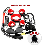 Kamuk Life Black Red Leather BDSM Bondage sex toy Kit for Adult party fun, honeymoon couples, SM Domination, sexy fun Adult gifting includes Handcuffs nipple clamps flogger blindfold mouth gag hogtie ankle cuff neck collar and feather tickler total-11 pcs