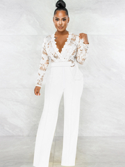 Lace Patchwork Long Sleeve V Neck Jumpsuit