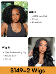 $149 get 2 Wigs| 16" 13X4 Pre Everything Body Wave Wig And 16" Kinky Curly Lace Part Wig