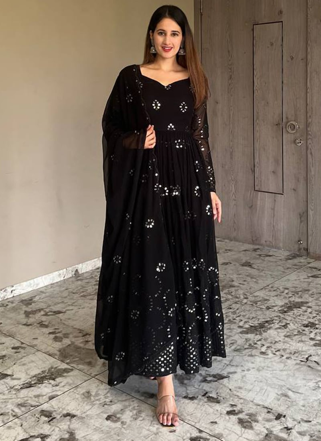 Black Faux Georgette Embroidered Anarkali Suit After Six Wear