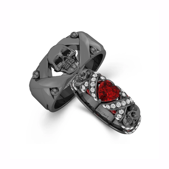 Gothic Skull Couple Ring Couple Garnet Red Heart