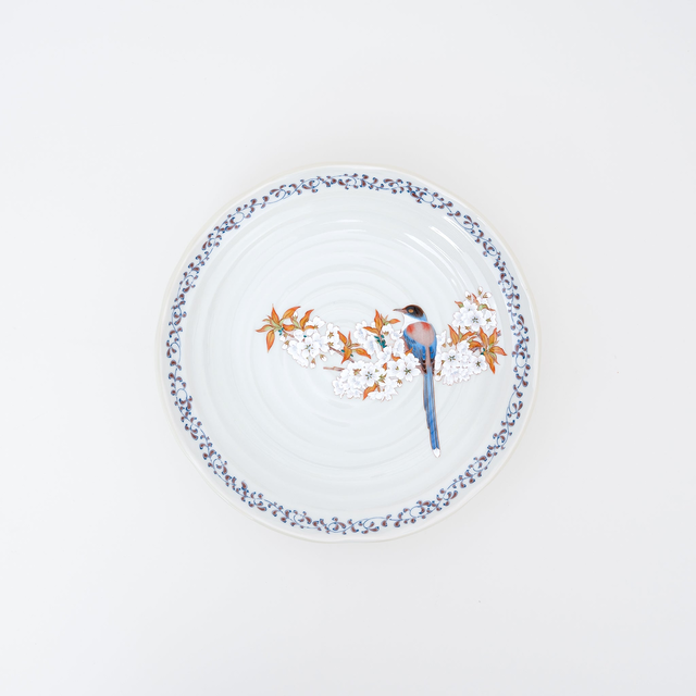KUTANI WARE HANDMADE YOSHIDAYA SAKURA AND BIRD PLATE