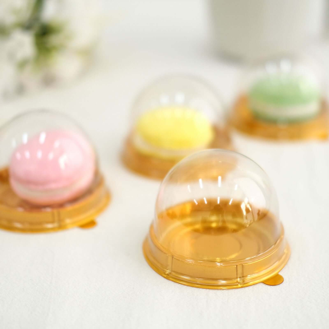 50-Pack Plastic Cupcake Favor Containers 3" Round Dome Design Gold and Clear - Party Boxes for Treat Displays