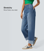 HalaraMagic™ High Waisted Multiple Pockets Rolled Hem Wide Leg Washed Stretchy Knit Casual Jeans