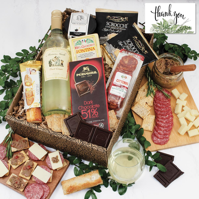 Mangia Con Gusto Italian White Wine & Antipasto Gift Box - Thank You