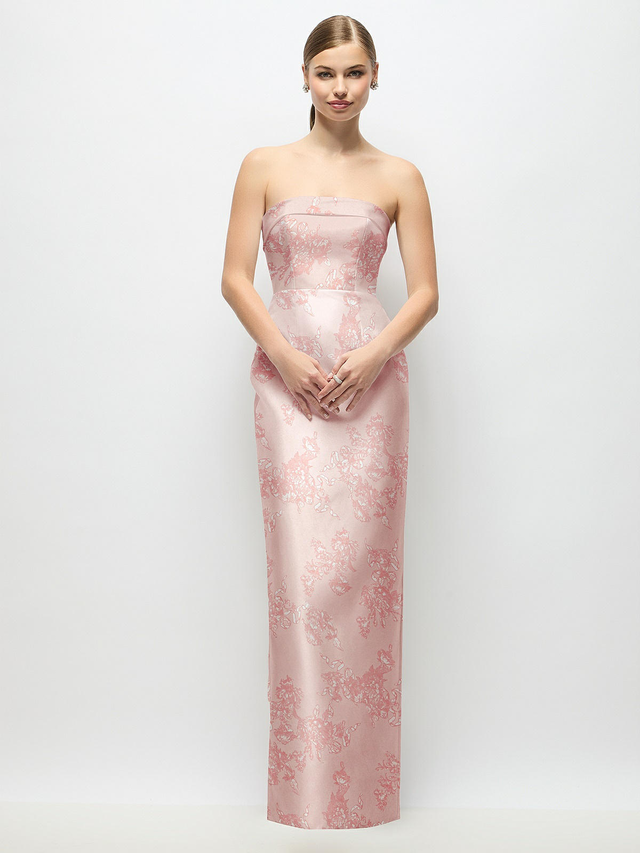 Strapless Cuff Floral Satin Maxi Dress with Column Skirt & Back Bow