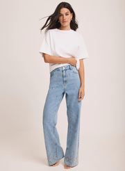 Indigo Cotton Embellished Wide Jeans