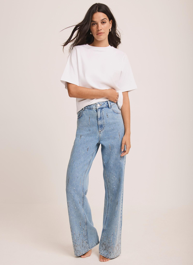Indigo Cotton Embellished Wide Jeans
